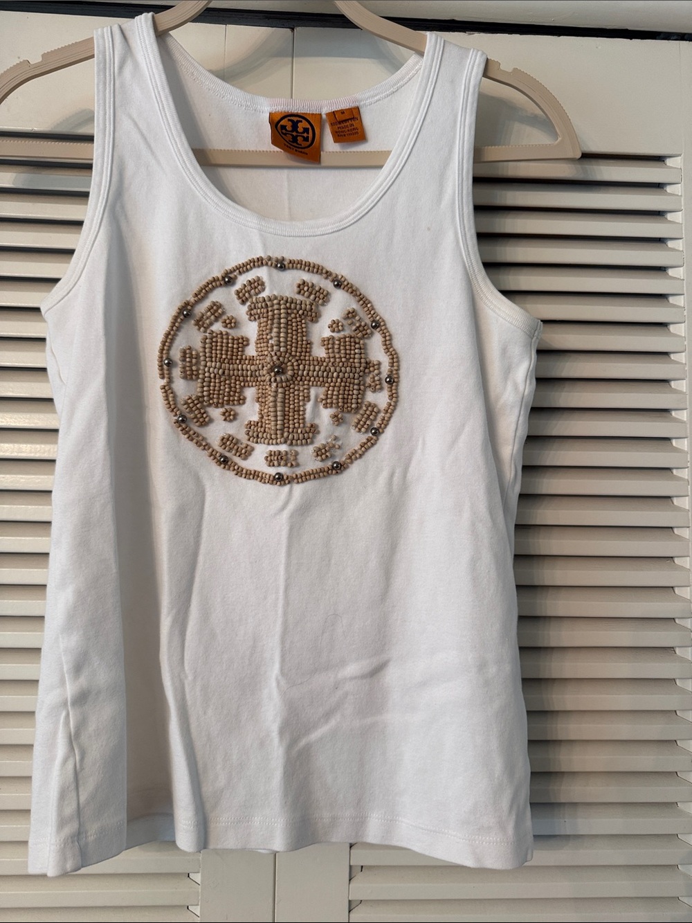 Tory Burch White Tank with Gold Beaded Logo
